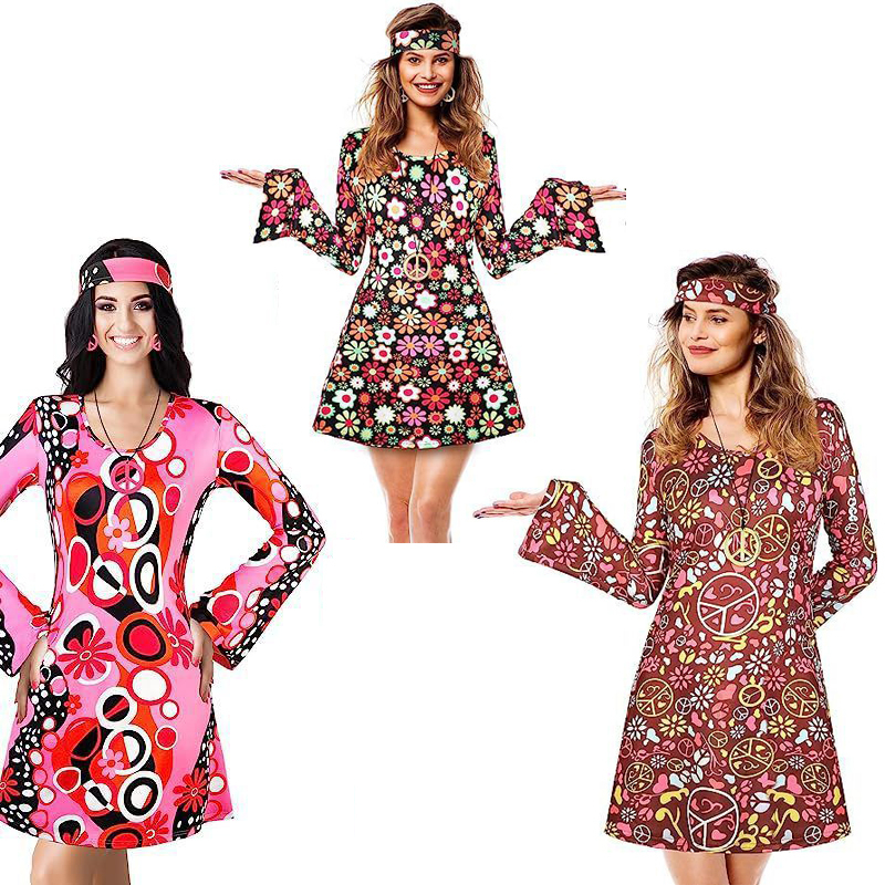 70s Women's Happie Costume Retro Print Flared Sleeve Dress with ...