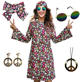 70s Hippie Dress Costumes Necklace Earrings Sunglass Women Disco Outfit ...