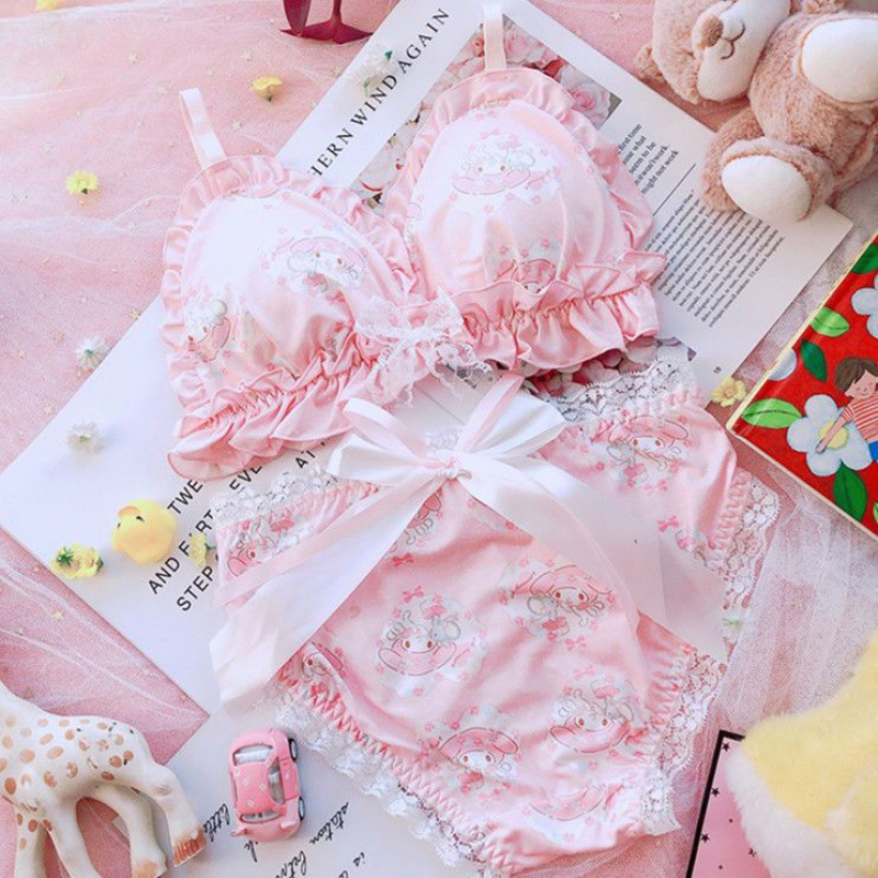 Japanese Cute Cartoon Girls Underwear Wireless Lace Flat Bra Set ...