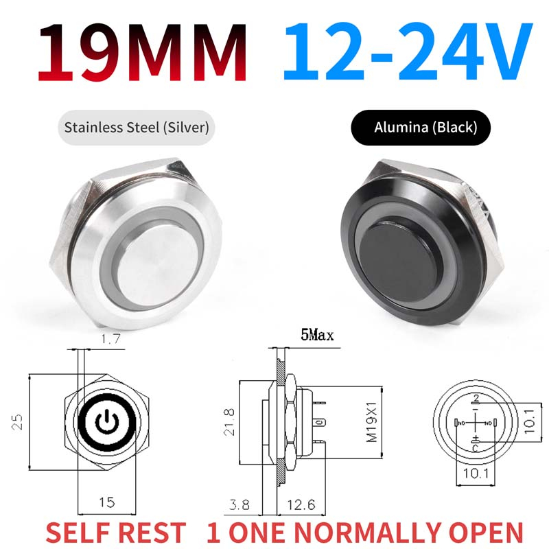 19mm 1NO High head Short Stroke Mini Waterproof Metal Push Button ...