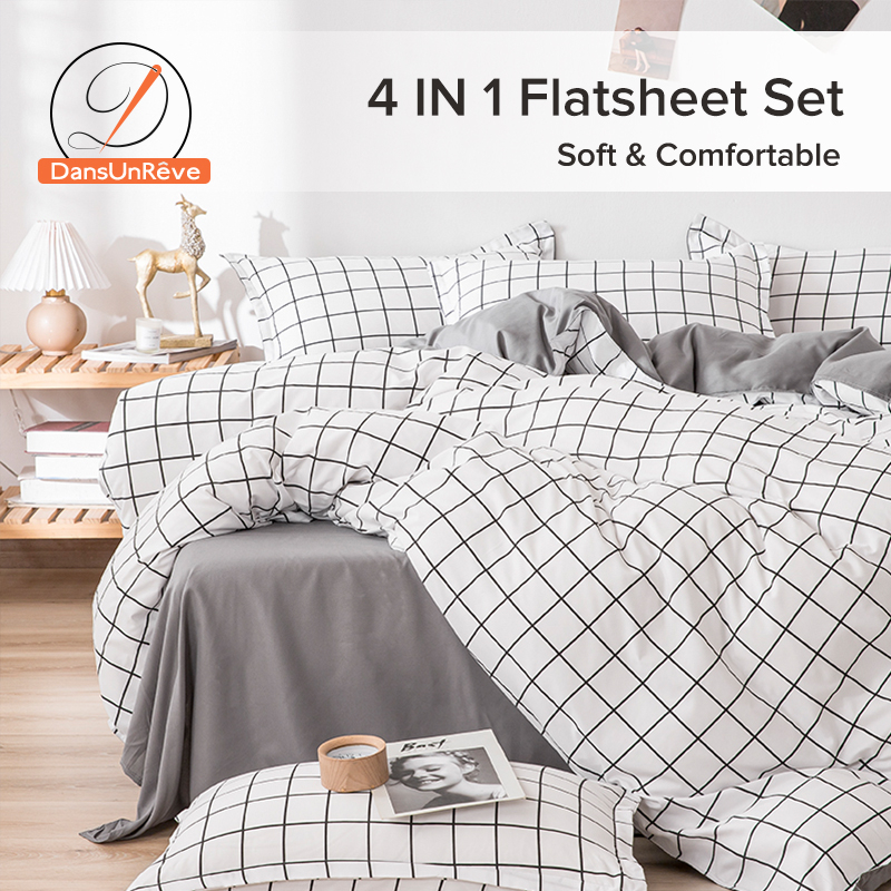 DANSUNREVE 4pcs White/Grey Grid Bed Sheet Set Solid Bedsheet + Plaid