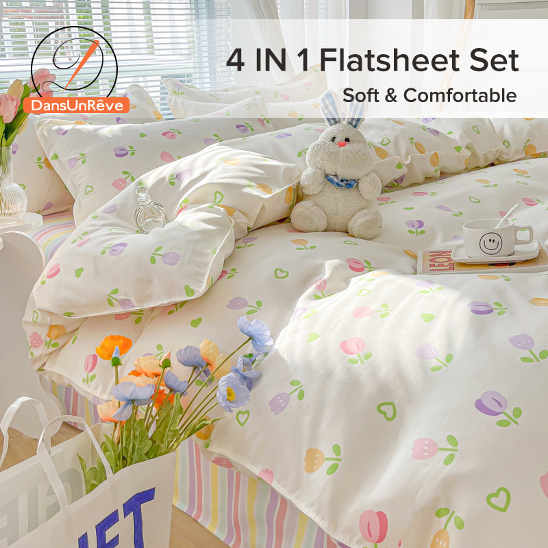 DANSUNREVE 4in1 Floral Bedsheet Set Tulip Flower Print Cotton Flat Bed