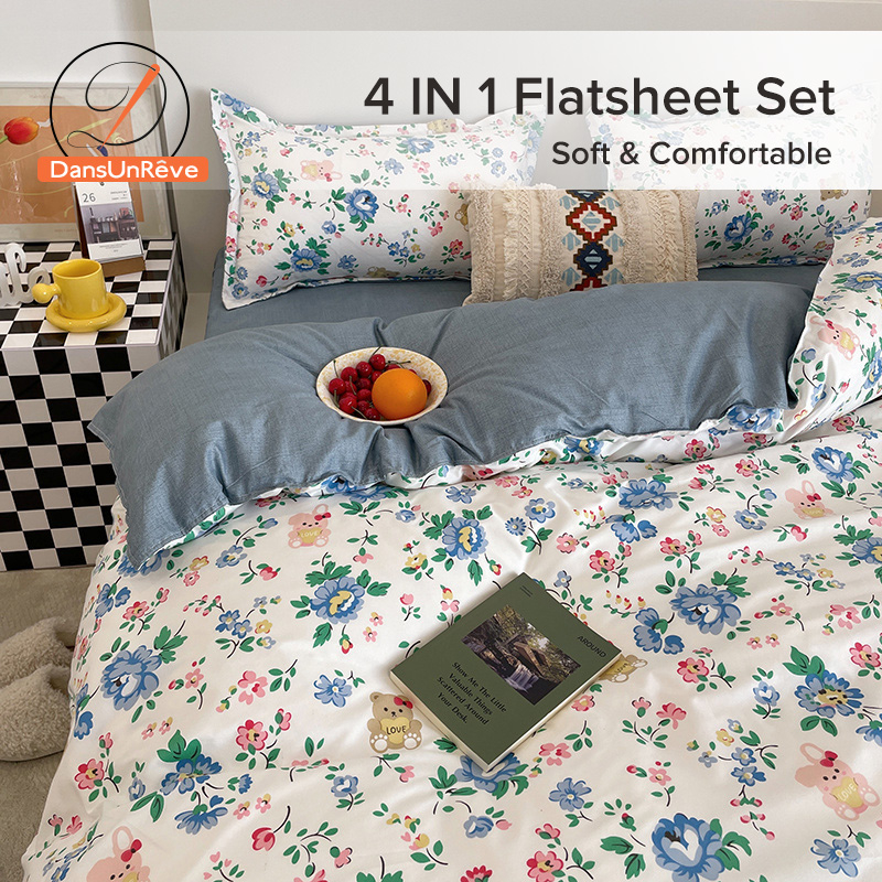 DANSUNREVE 4pcs Small Flowers Bedsheet Set Combed Cotton Flat Sheet