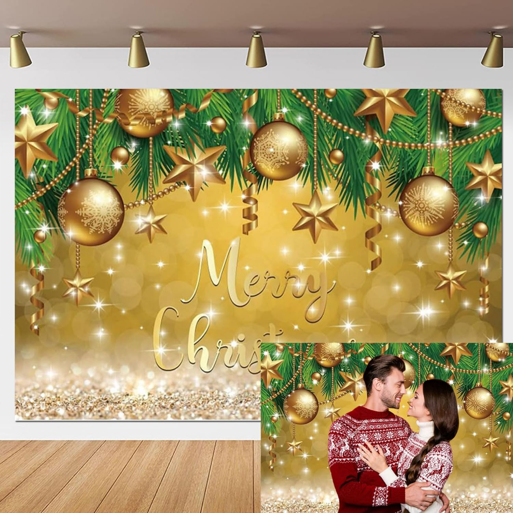 Merry Christmas Gold Photography Backdrop Snowflake Pattern Ball ...