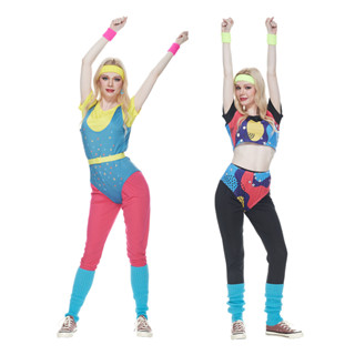 Aerobics Girl Costume Adults 1980s 80s Fancy Dress Outfit Neon Retro Outfit