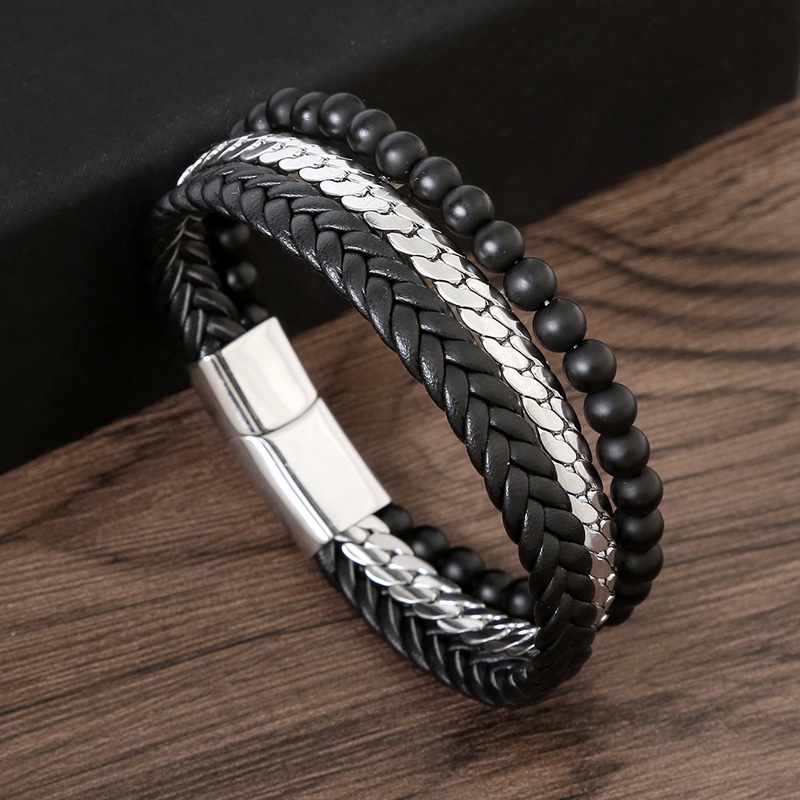 Men Multi-Layer Leather Bracelet Stainless Steel Obsidian Magnetic ...