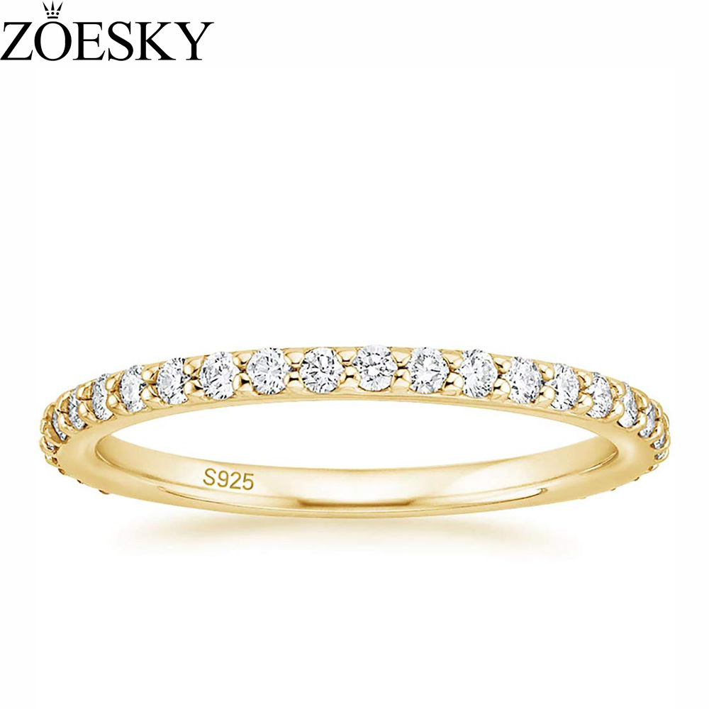 ZOESKY 2mm Gold Cubic Zirconia 925 Sterling Silver Wedding Band Half  Eternity Stackable Engagement Ring Size 4-11 - Main Image