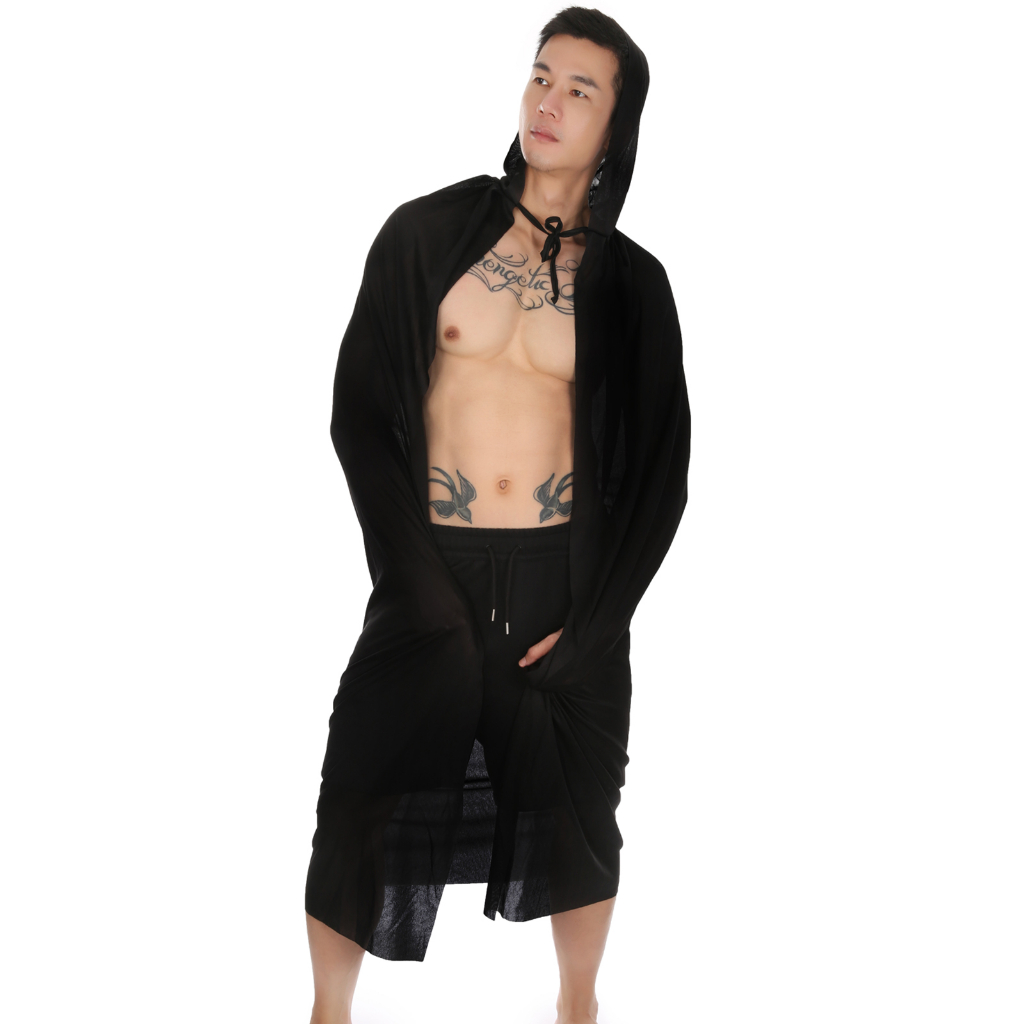 【CLEVER-MENMODE】Hooded Black Halloween Cloak Black Translucent Long ...