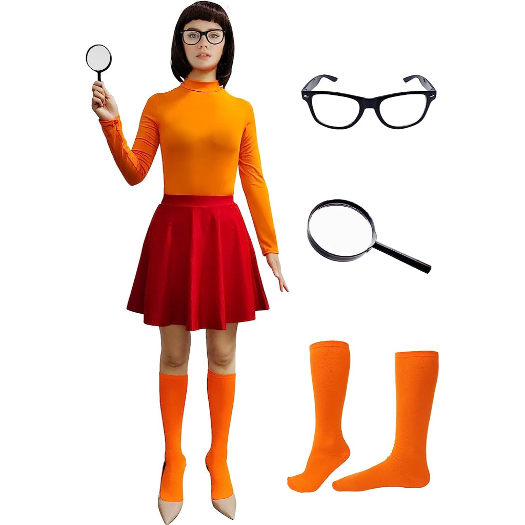 Scooby-Doo Velma Cosplay Uniform Anime Woman Orange Top Skirt Socks  Halloween Costume Set | Shopee Philippines