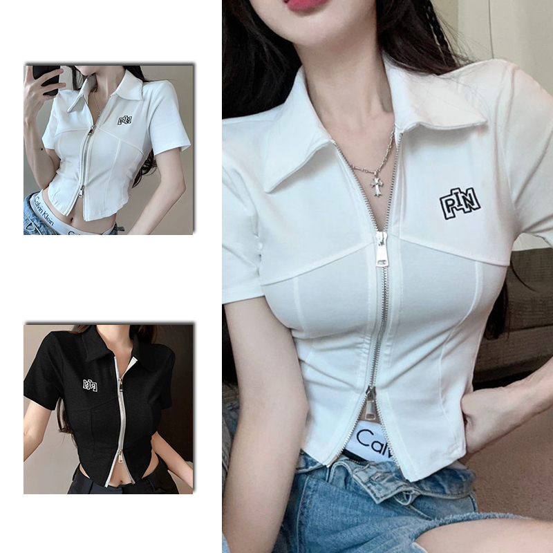 Women's Zip V- Neck polo shirt Korean style Short Sleeve Crop Tops ...