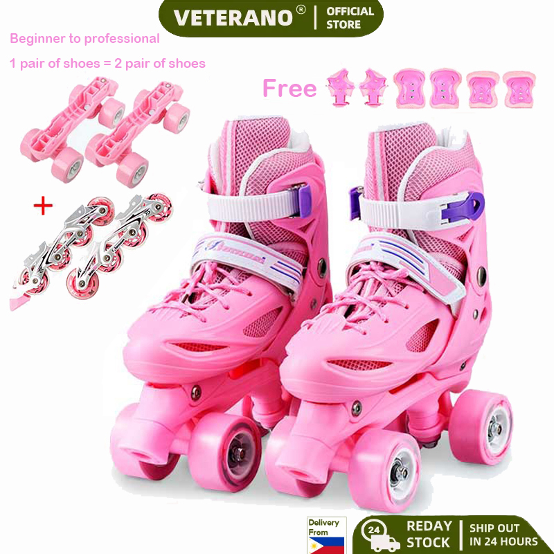【Ready Stock】Send protective gear Roller Skates Adjustable Double row