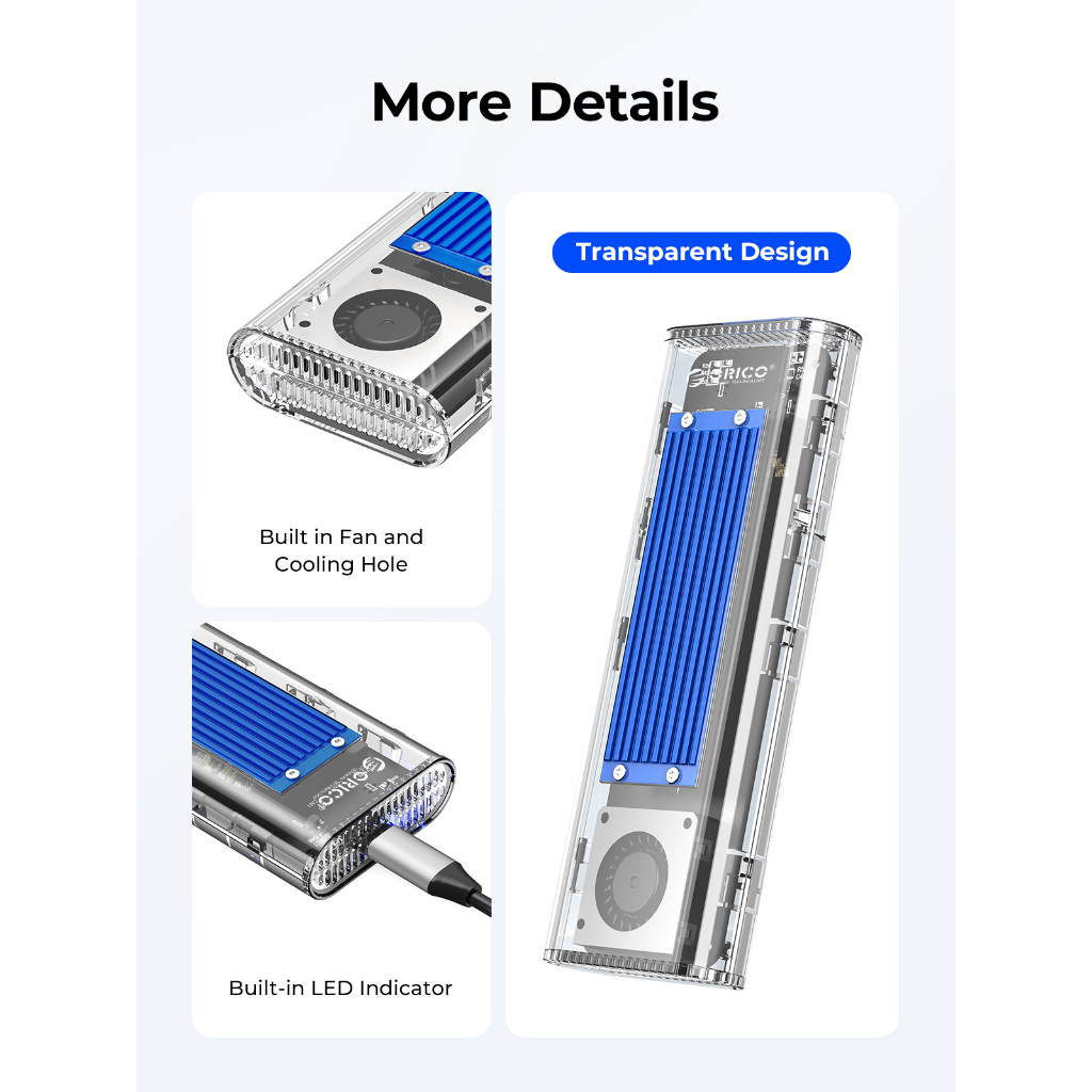 ORICO M.2 NVMe SSD Enclosure With Cooling Fan – USB 3.2 Gen 2x2 Type-C, 20Gbps, Tool-Free, Aluminum