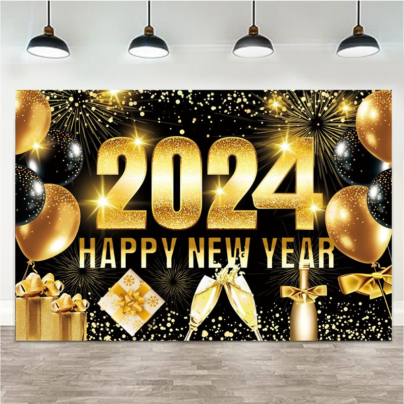 1*1.5M 2024 Happy New Year Banner Black Golden Balloons Gifts Printed ...