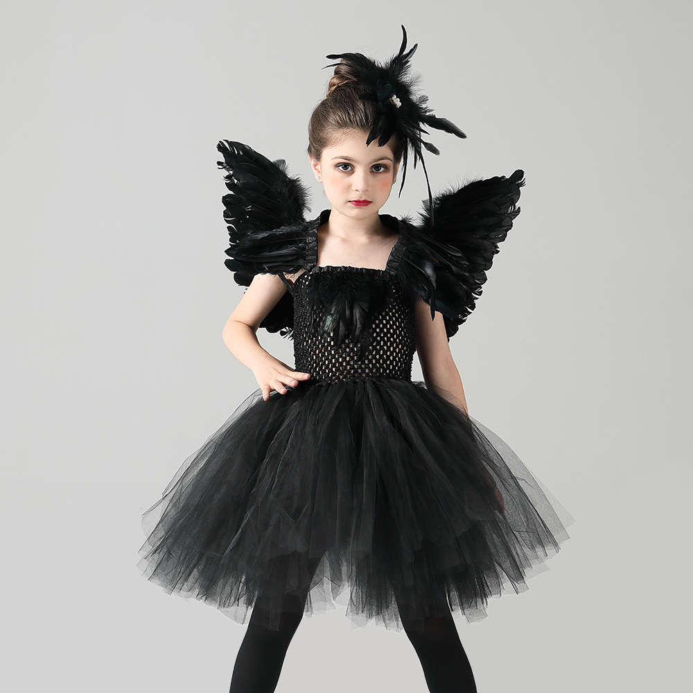 2-12 year old girl Halloween black swan dress dance performance fluffy ...