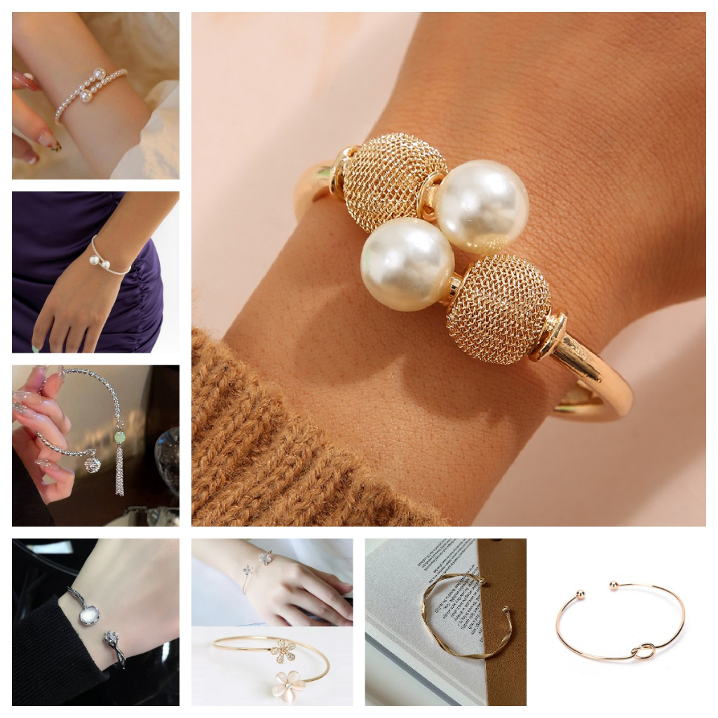 FCPH Pearl Gold Color Cuff Bracelets Bangles Open Adjustable for Women