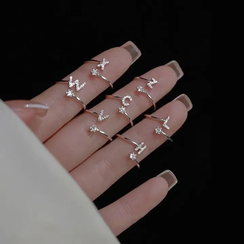 925 silver Cubic Zircon 26 Letters Ring A-Z Initial Letter Open Ring  Adjustable Women Men Jewelry Hot Sale