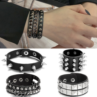 Gothic Emo Grunge Punk Rock Wide Leather Spiked Bracelet - Silver Spikes