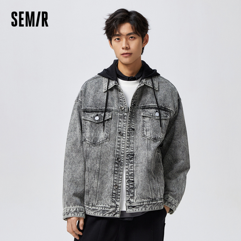 Semir Denim Jacket Men Spring Trendy Cool Casual American Retro Street  Campus Fake Two-Piece Hooded Loose Jacket