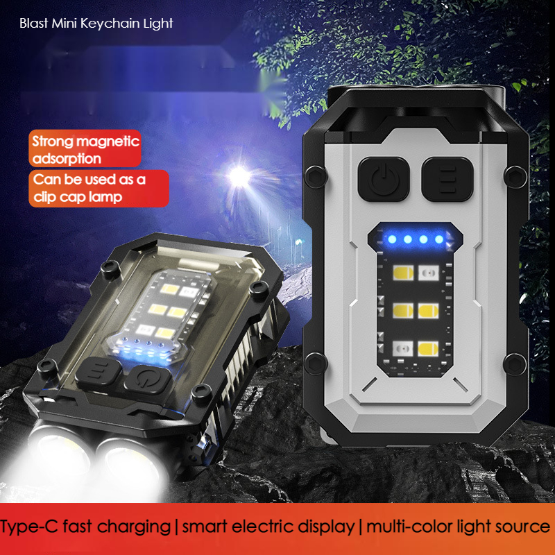 (Local delivery) Multifunctional dual light source outdoor camping light  strong keychain light TYPE-C rechargeable work light high brightness magnet 