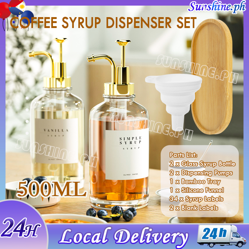 2 Pcs Coffee Syrup Oil Dispenser Set with Bamboo Tray Reusable Glass