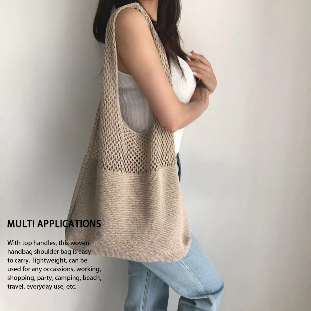 thumbnail interactive-video image 1 of Knitted Large-capacity Tote Bag Shoulder For Women  Khaki  The Hand Bags Messenger Crochet Suitable Knitting Travel 1 of 12