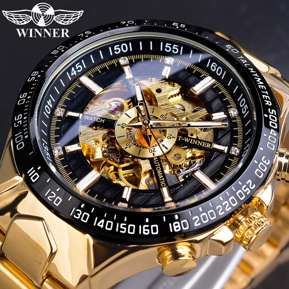WINNER watch diamond hollow dial fashion black gold automatic watch ...
