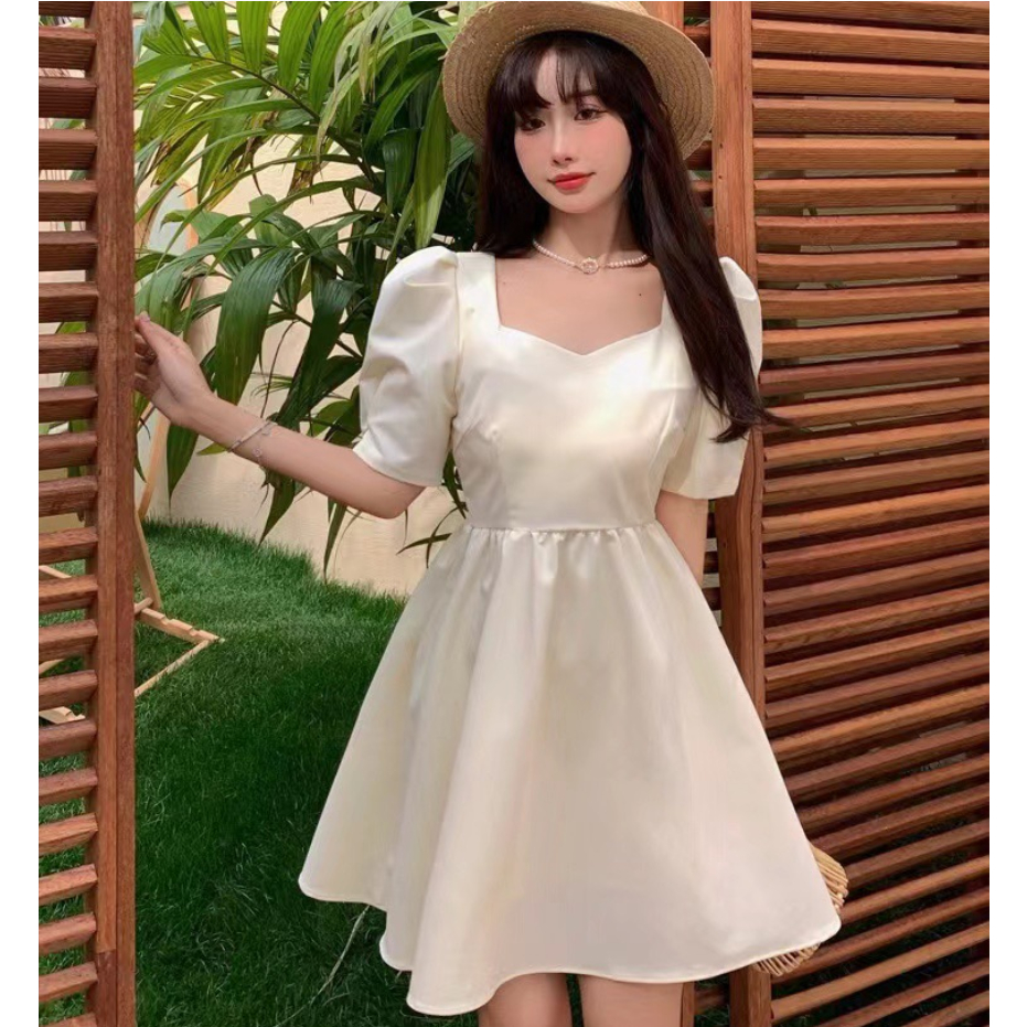 korean sexy elegant dress for wedding beige puff sleeve midi dress ...