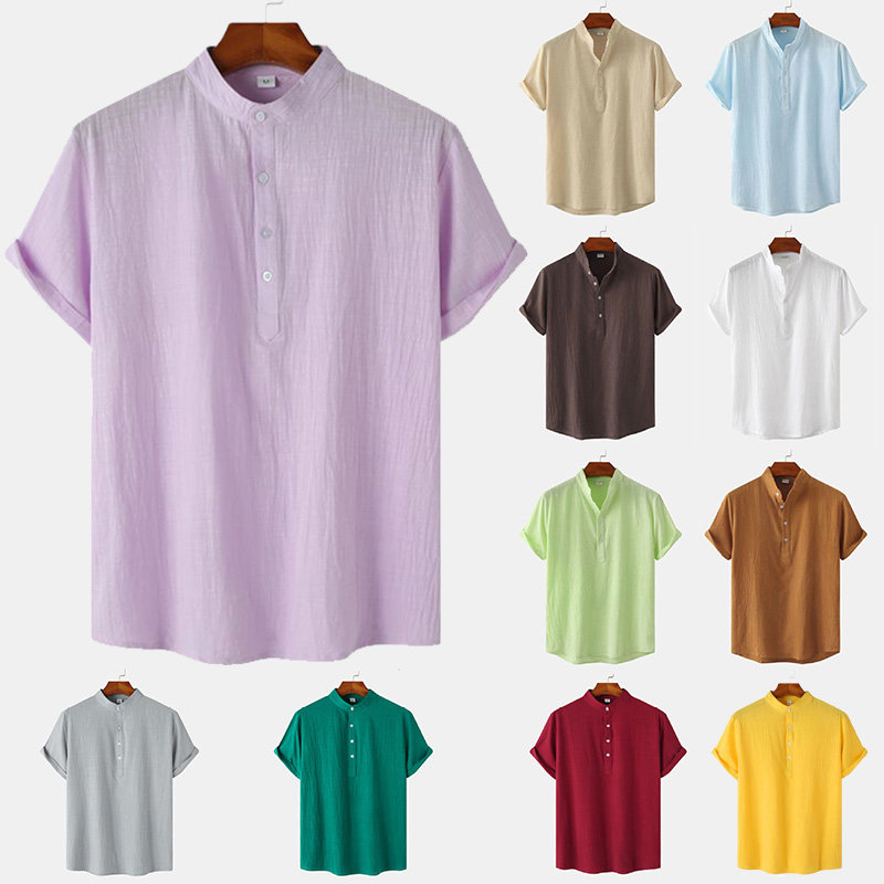 Men's Linen&Cotton Purple Loose Casual Solid Color Washed Short Sleeve ...