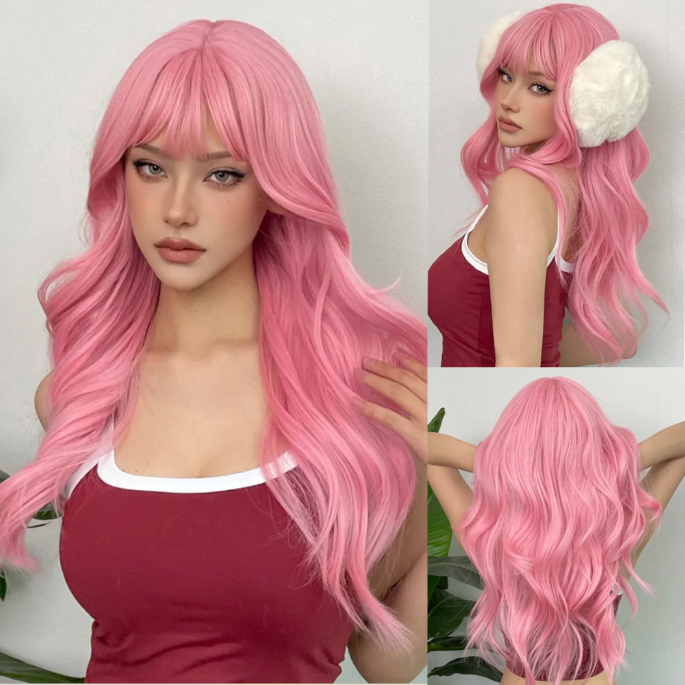 Light Pink Long Wavy Cosplay Synthetic Hair Wigs with Bangs for