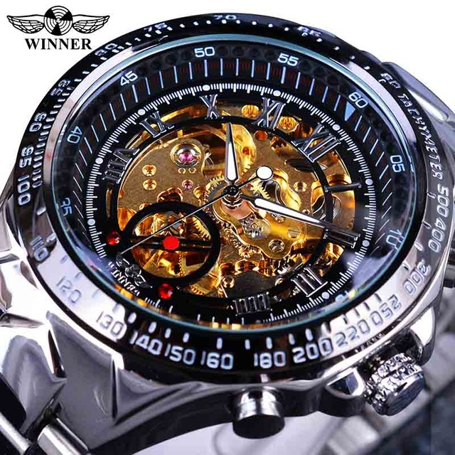 WINNER mechanical watch Silver Stainless Steel Mens Skeleton Watch Top ...