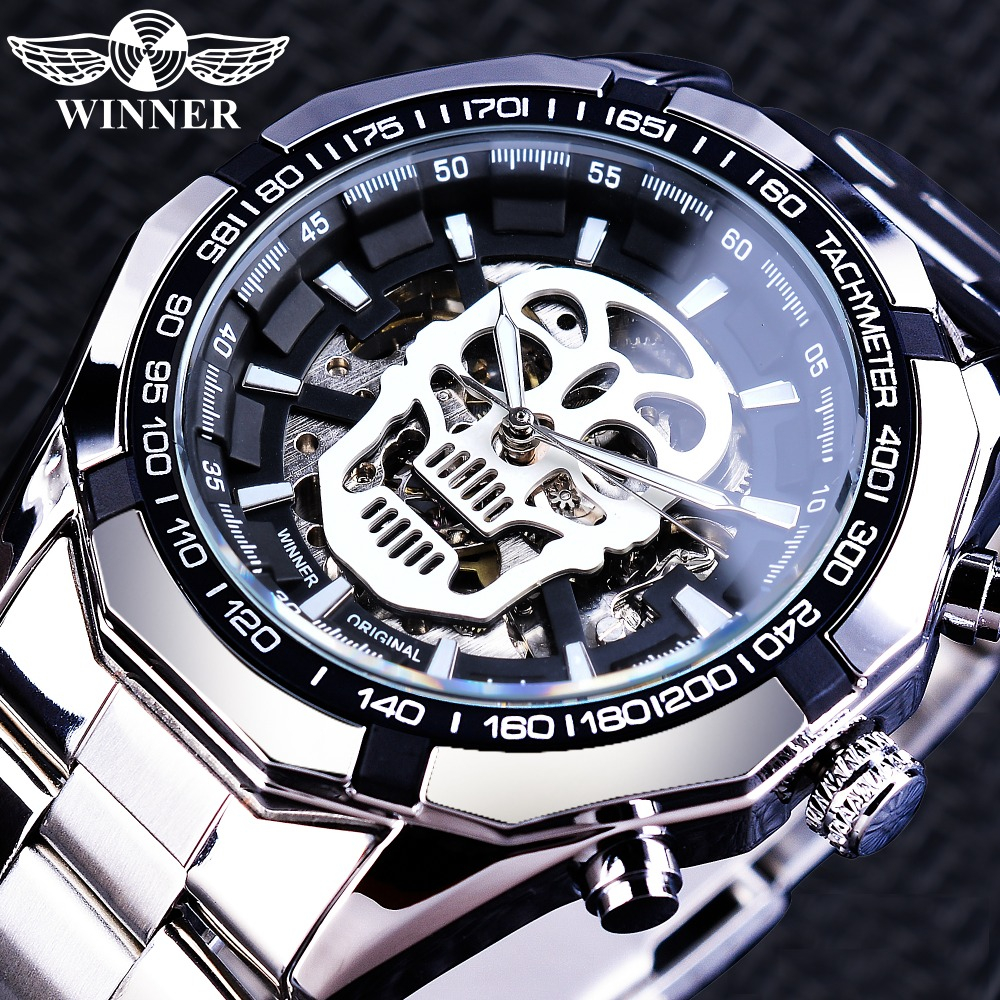 WINNER Mechanical Watch Black Silver Skull Design Luminous Hands ...