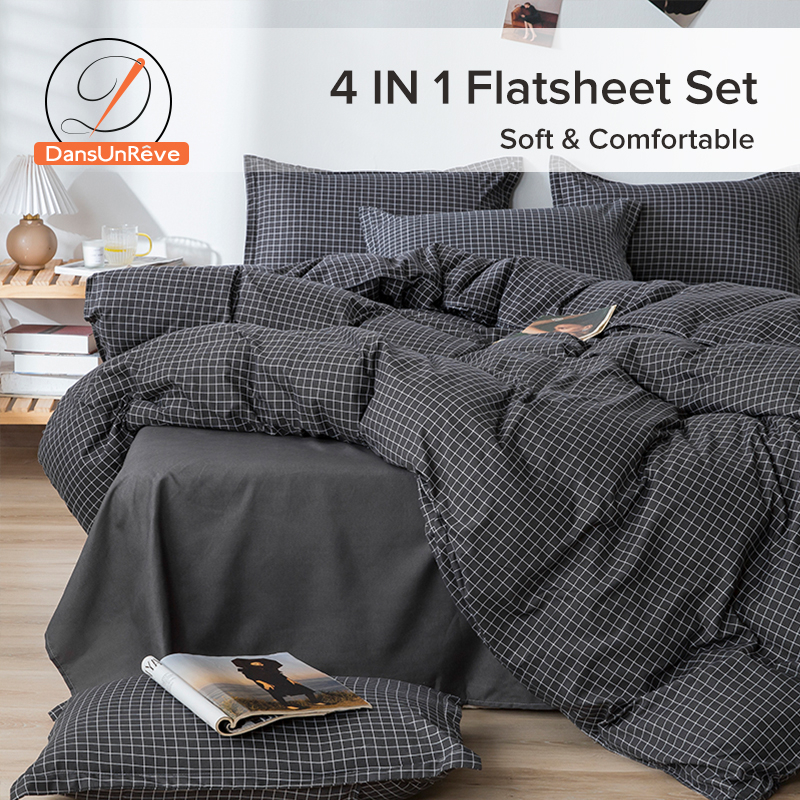 DANSUNREVE 4pcs Black Grid Bed Sheet Set Pure Bedsheet + Plaid Duvet