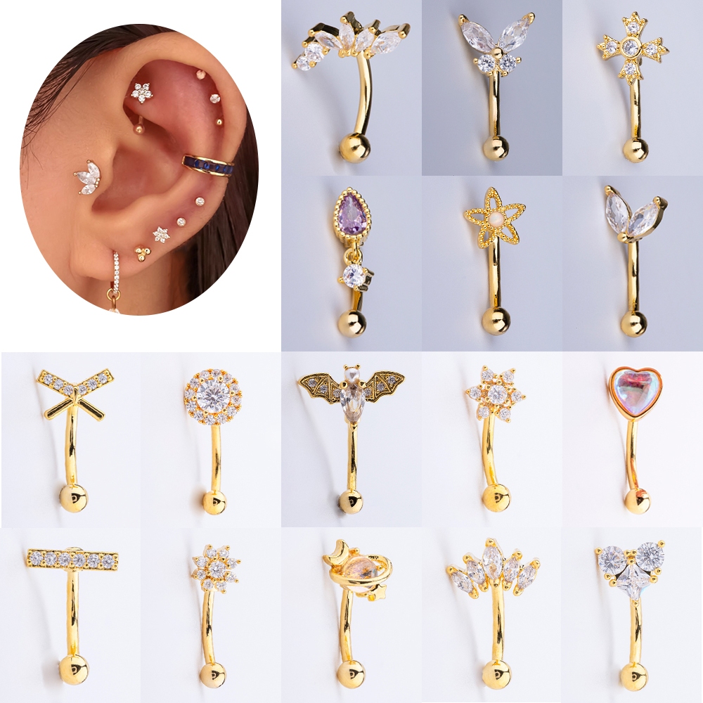 1 PC Gold Color Butterfly Cross Stainless Steel Eyebrow Piercing Heart ...
