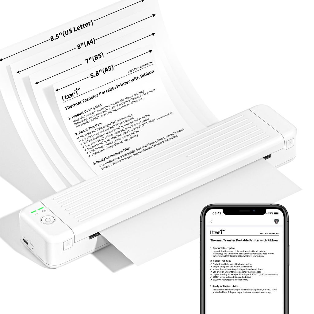 Phomemo P831 Portable Printer Bluetooth A4 Paper Printer Support Regular Copy Paper Inkless