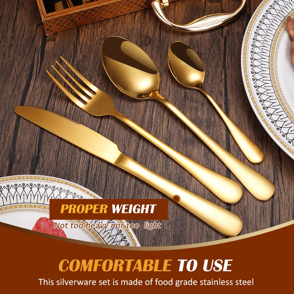48P Pieces Silverware With Wooden Box Gold Knife Fork Spoon Set