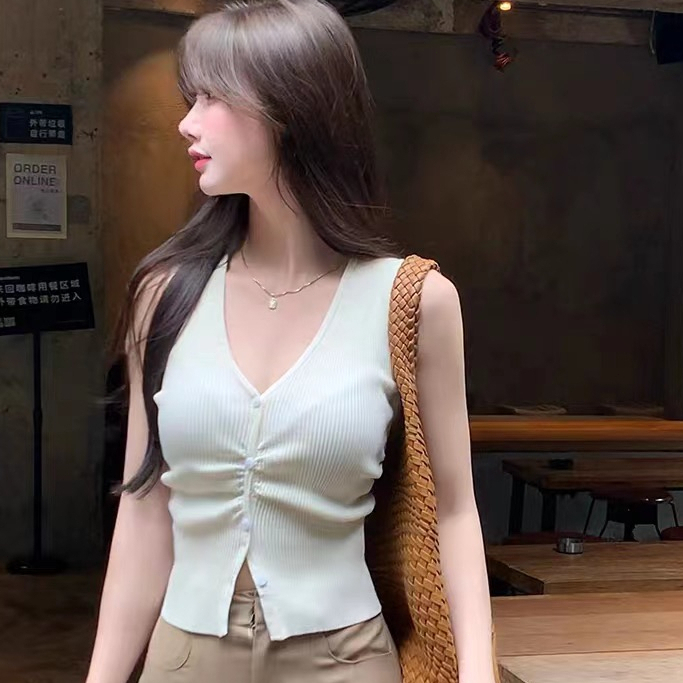 Knitted sleeveless vest wearing V-neck top | Shopee Philippines