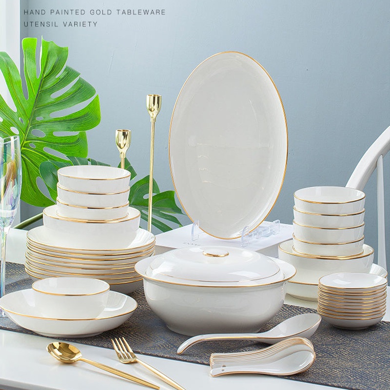 Ceramic White And Gold Trim Plates Hot Selling Simplified Chinese Style  Pure White Circular Ring With Gold Edge Dinner Plate Bowl Sauce Affordable 