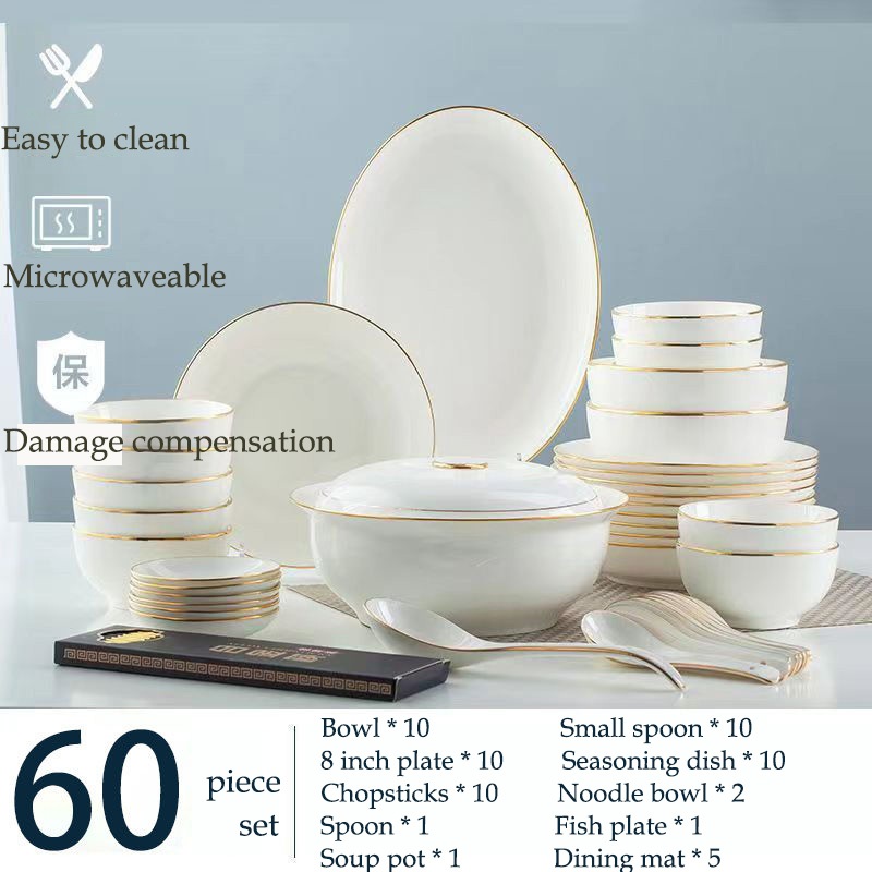 Hot Selling Simplified Chinese Style Pure White Circular Ring with Gold  Edge Dinner Plate Bowl Sauce Affordable Ceramic Tableware SET Dinnerware Set