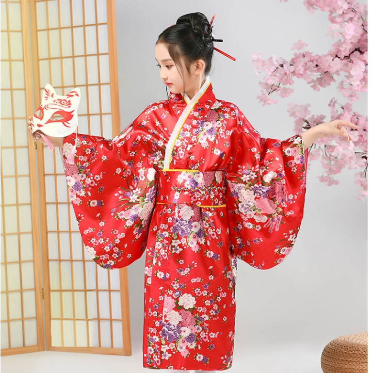 Girls' dress Japanese kimono Robe and Back cushion, belt sakura ...