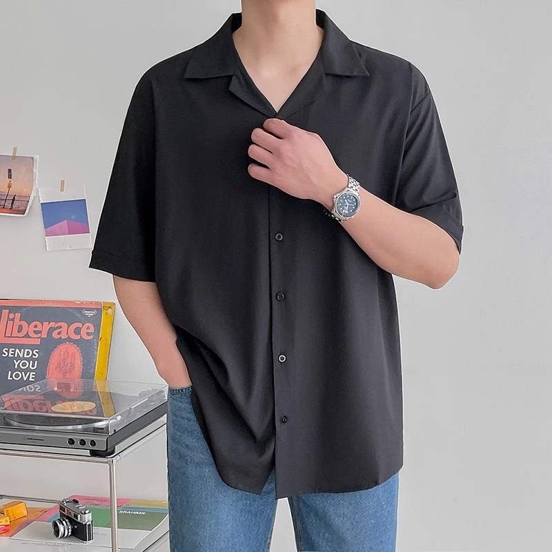 Polo Shirt for Men Black Polo Turn Button Collar Plain Short Sleeve ...