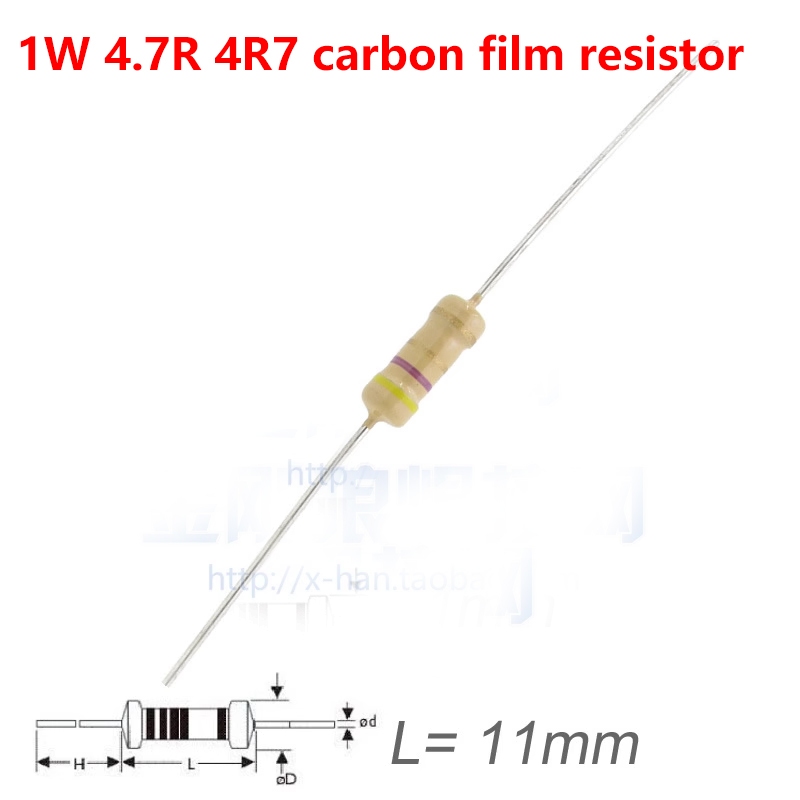 100pcs/pack of 1W 4.7R 4R7 carbon film resistance 4.7Ω color band ...