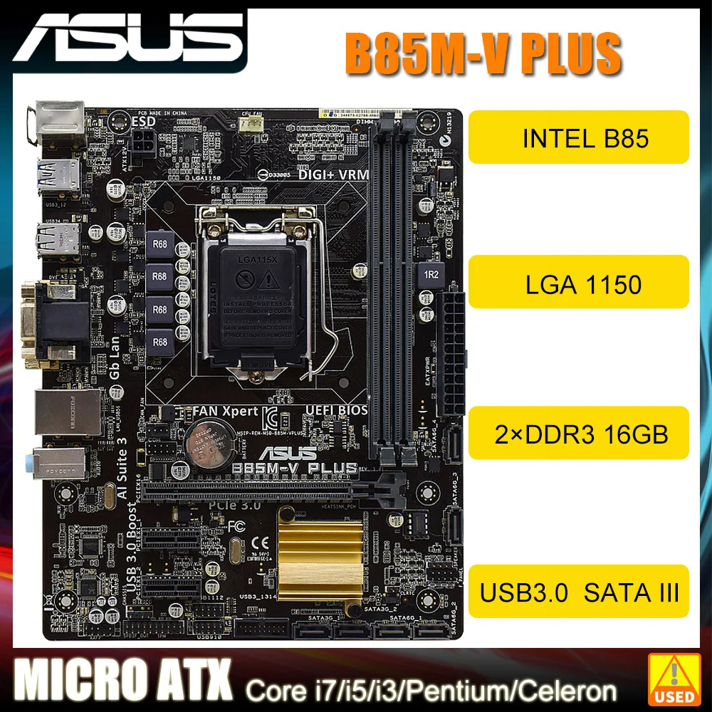 ASUS Used Motherboard B85M-V PLUS LGA 1150 For DDR3 16GB PCI-E 3.0 ...