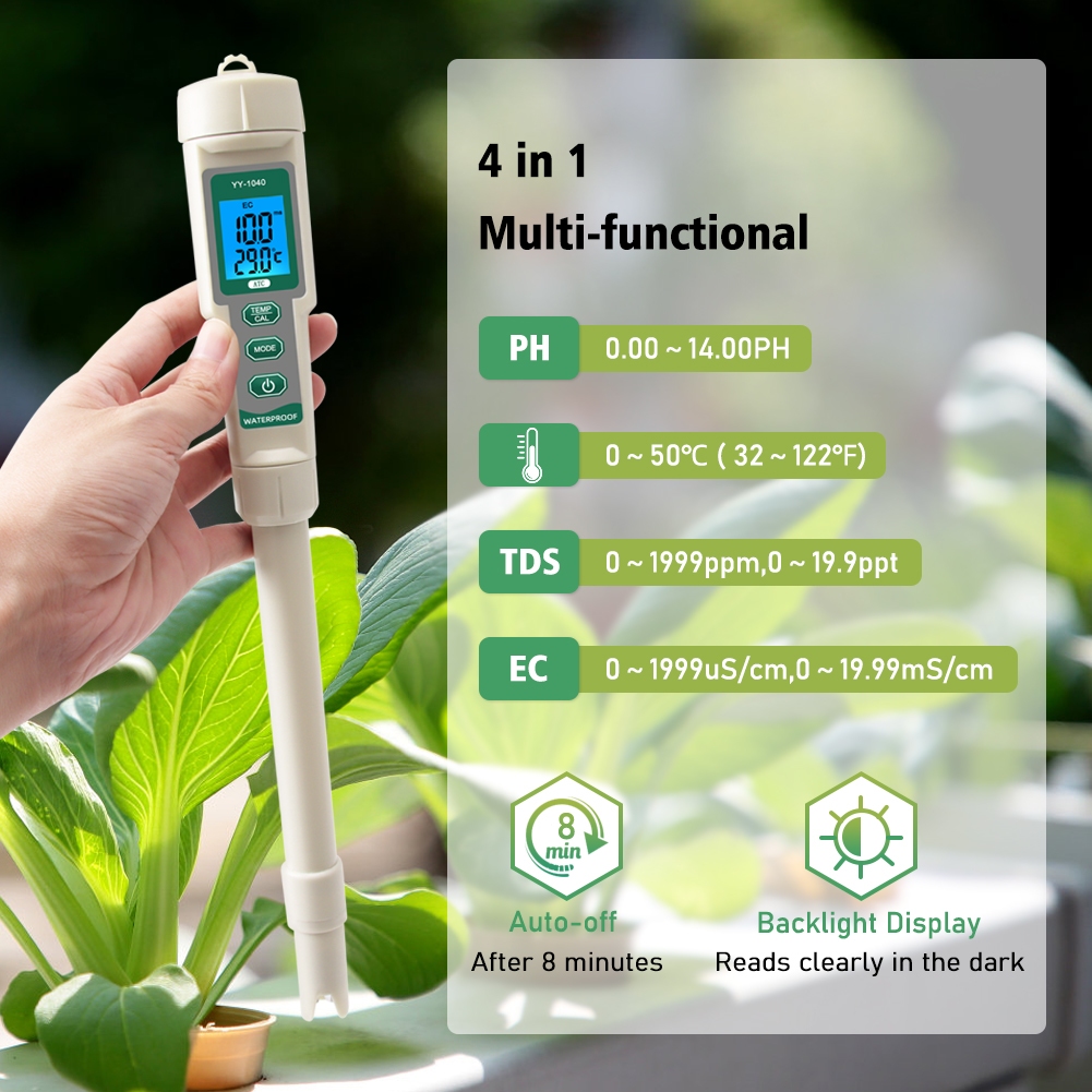 PPM Meter hydroponics, 4 in-1 EC TDS Temp pH Tester for Water ...
