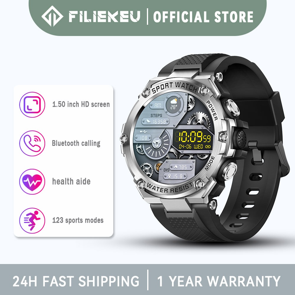 FILIEKEU smart watch for men inch round screen bluetooth call wrist  watch sports waterproof blood pressure 800 mAh battery black silicone