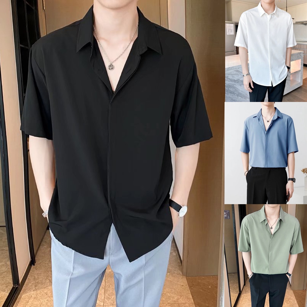 【M-3XL】Korean Men's Fashion Short Sleeve Solid Color Button Shirt Men ...