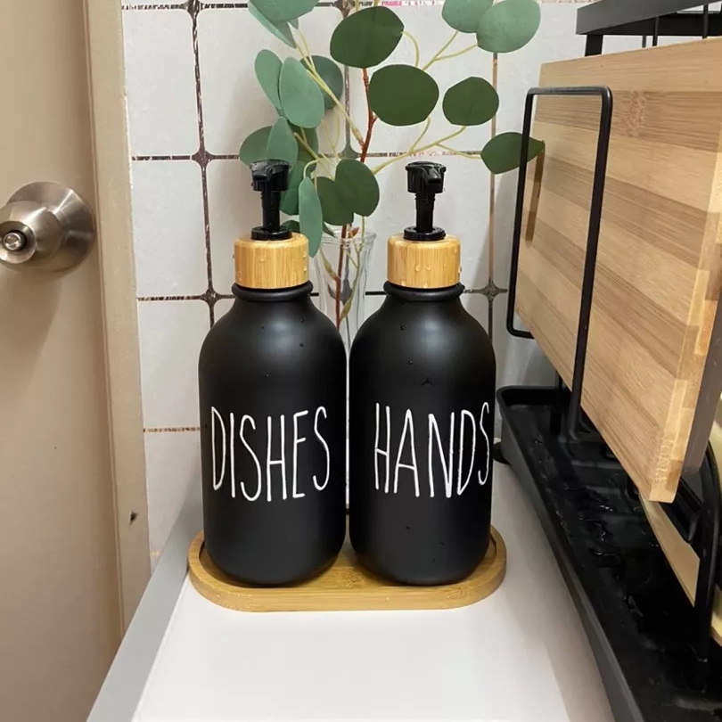 500ml Matte Black Dish Soap Hand Soap Bottle Kitchen Soap Dispenser Bamboo Wood Pump Refillable
