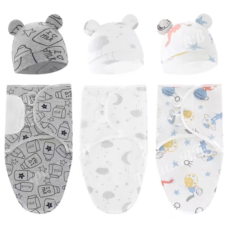 JP363 Newborn Baby Muslin Swaddle Blanket Hat Set Swaddle Bedding Wrap