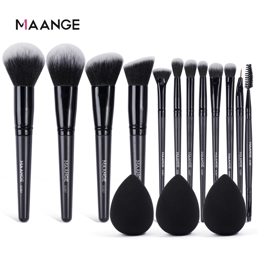 MAANGE 12 Pcs Make up Brush Set With Sponge Professional Brushes Black