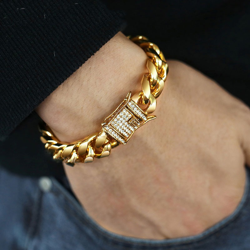 Miami Cuban Link Curb Chain Bracelet for women mens Bangls Gold Color ...