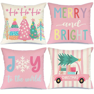 4pcs Christmas Pillow Cover Set, 18x18 Inches, Pink Santa Claus Cartoon  Reindeer Letter Decor, Gift, Home Decor For Sofa, Farmhouse, Bedroom, Pillow  Insert Not Included